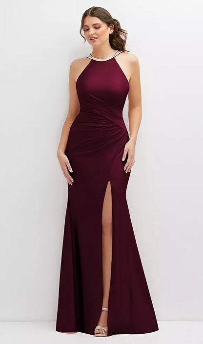 Halter Asymmetrical Draped Stretch Satin Mermaid Dress by Dessy CS117