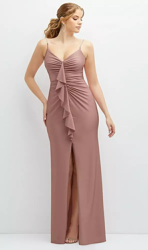 Rhinestone Strap Stretch Satin Maxi Dress by Dessy CS122