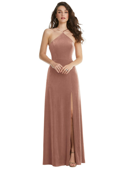 High Neck Halter Open-Back Velvet Dress by Dessy LB034